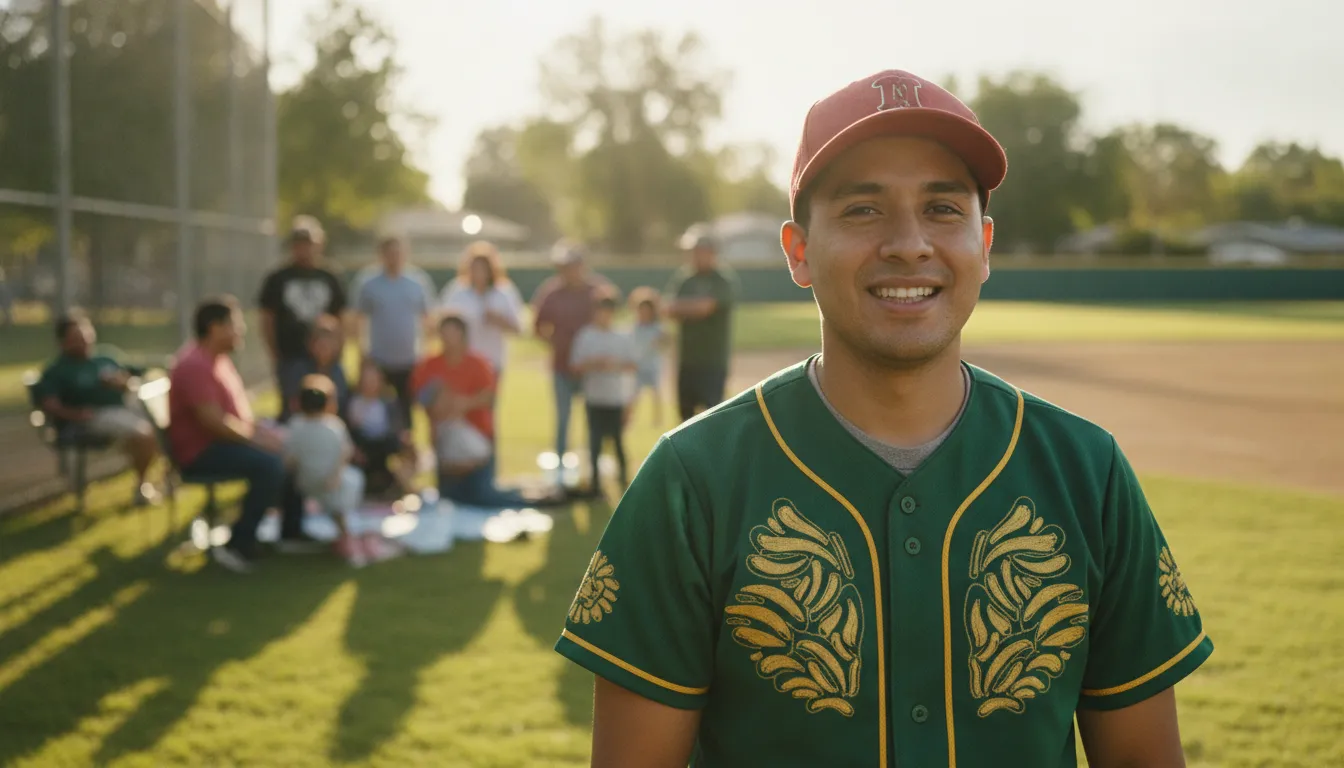 Fan wearing a green and gold San Luis Potosi baseball jersey at a community field