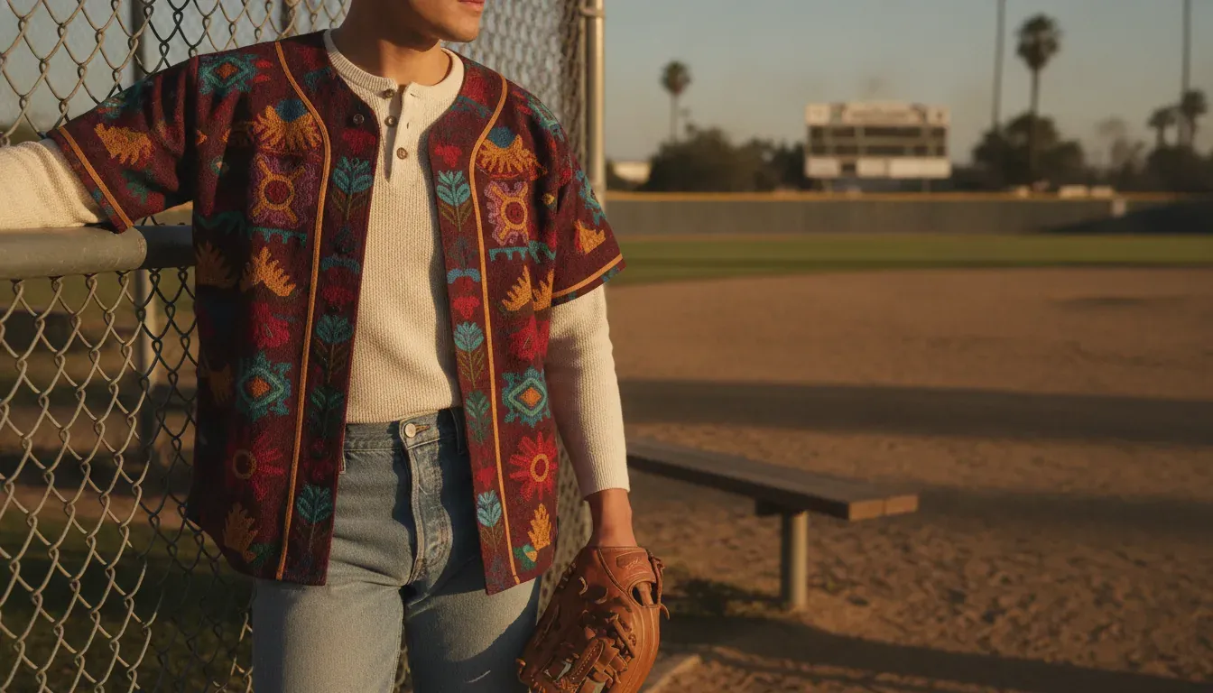Mexican state-inspired baseball jersey styled at a California ballpark