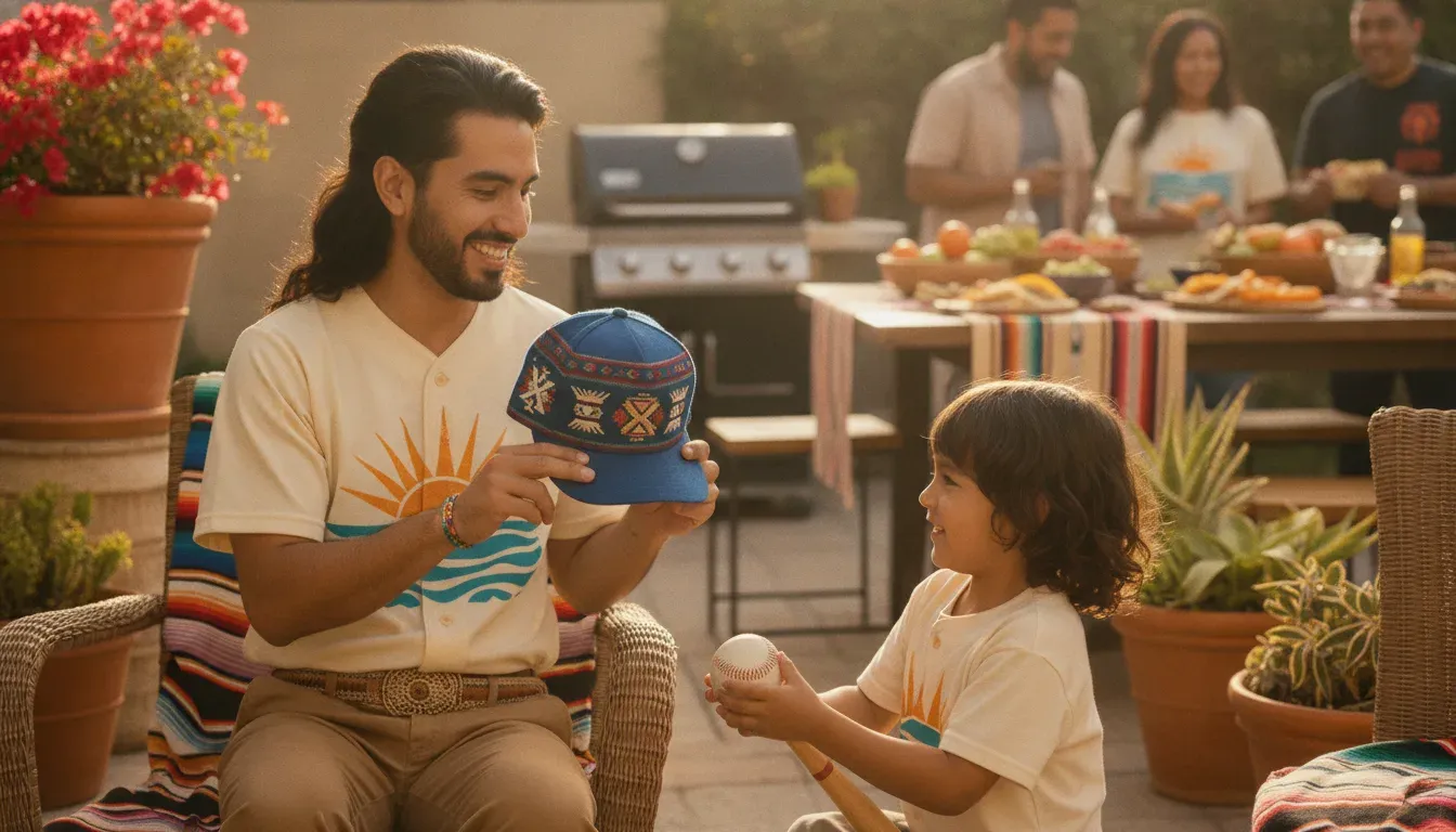 Mexican-American family styling an embroidered fitted cap for a California baseball gathering