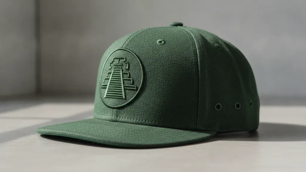 Close view of stitching, eyelets, brim, and tonal embroidery on a fitted Mexican-style hat