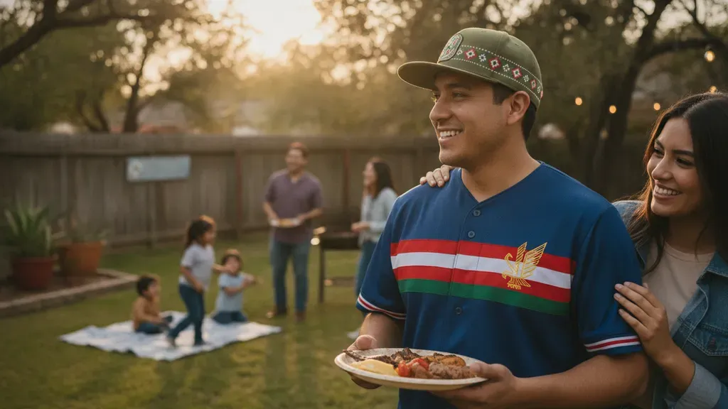 Mexican-American fan wearing a fitted cap and baseball jersey at a Texas family gathering