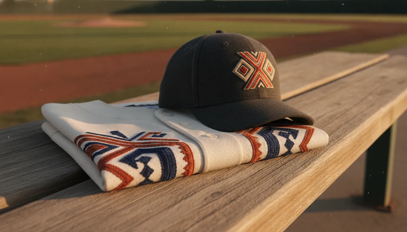 Close view of embroidered Mexican state baseball jersey and cap on a ballpark bench