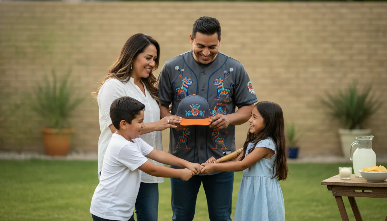 Texas-based Mexican family preparing for a baseball game in heritage jerseys and hats