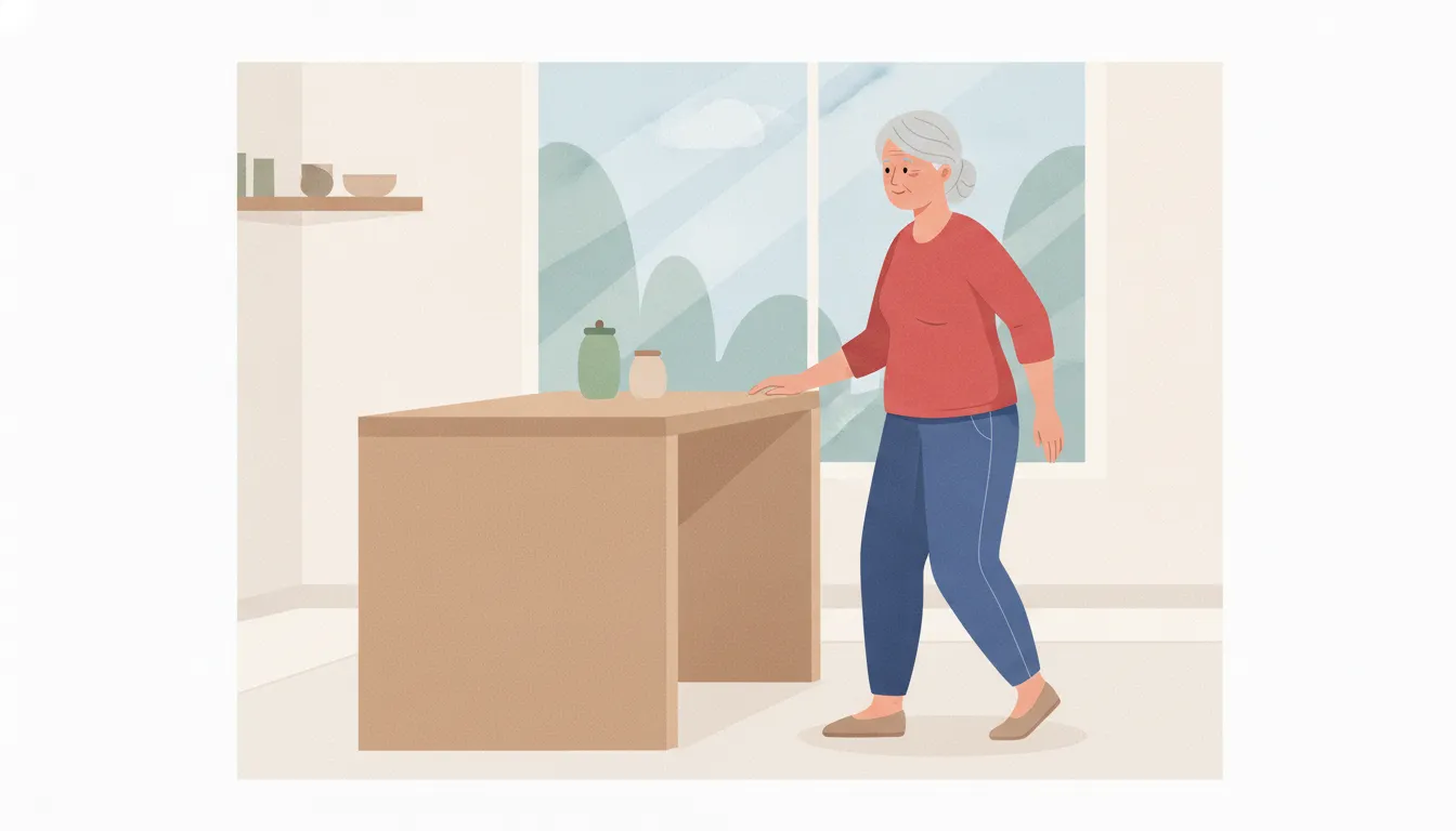 Older woman practicing supported side steps beside a kitchen counter