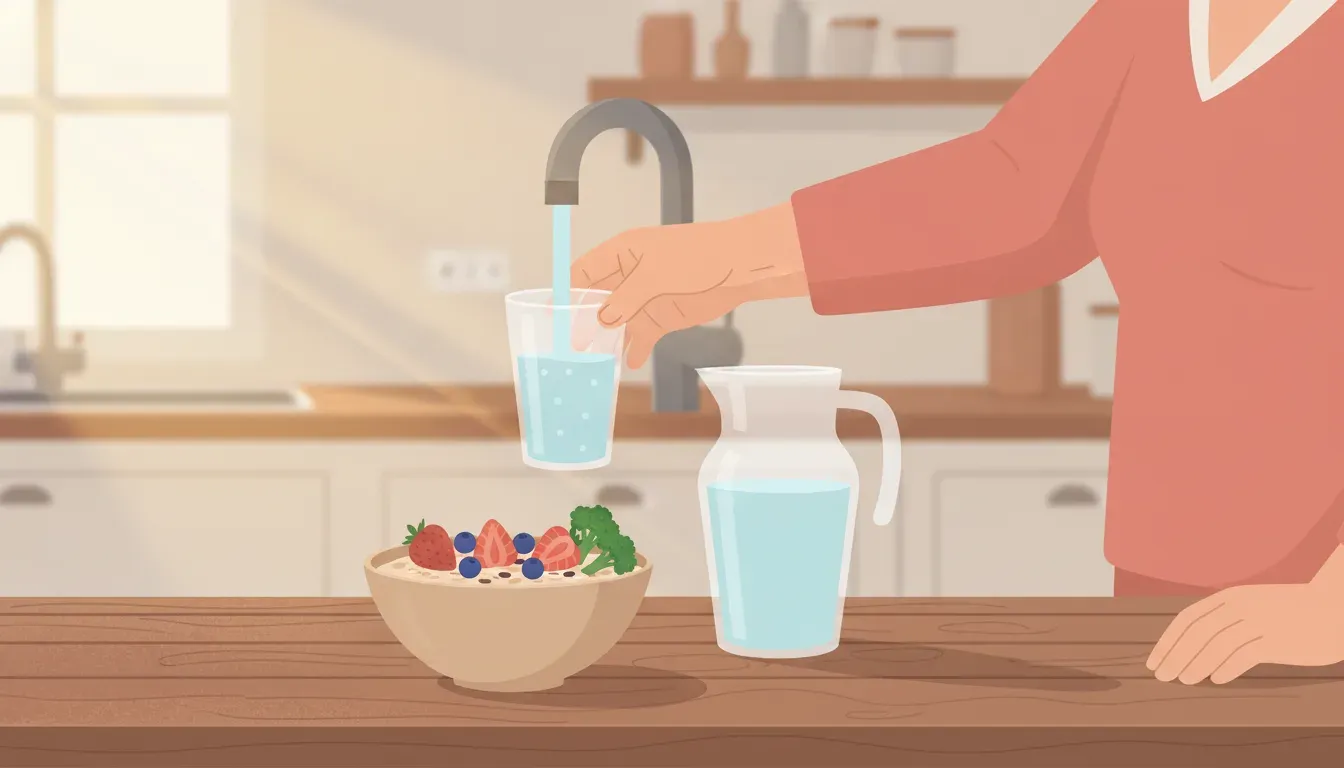 Older adult pouring water beside a fiber-rich breakfast