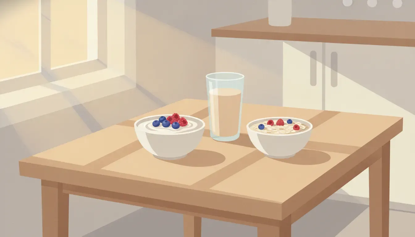 Simple calcium-rich breakfast with yogurt, fortified soy beverage, berries, and oats