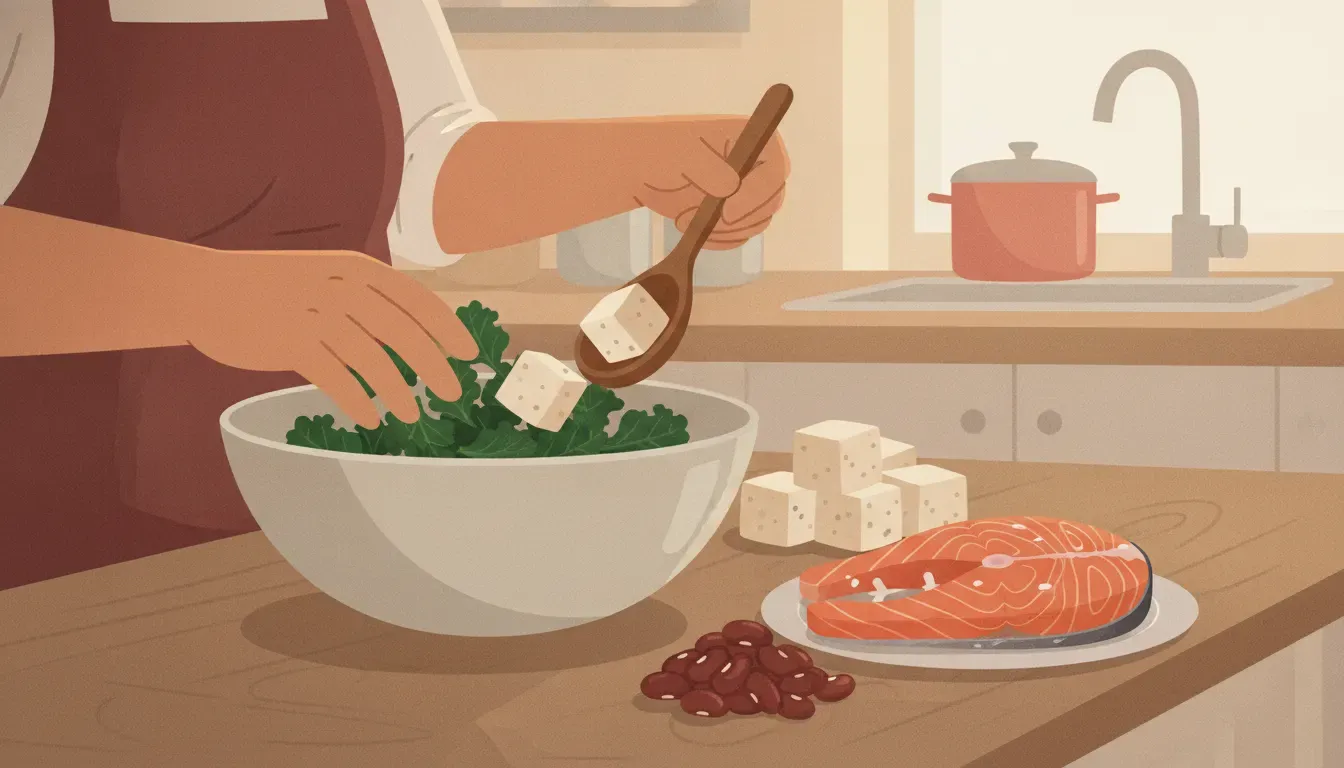 Older adult preparing calcium-rich kale, tofu, salmon, and beans in a home kitchen