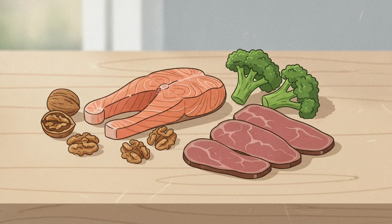 Food sources that contain CoQ10, including salmon, walnuts, broccoli, and lean beef