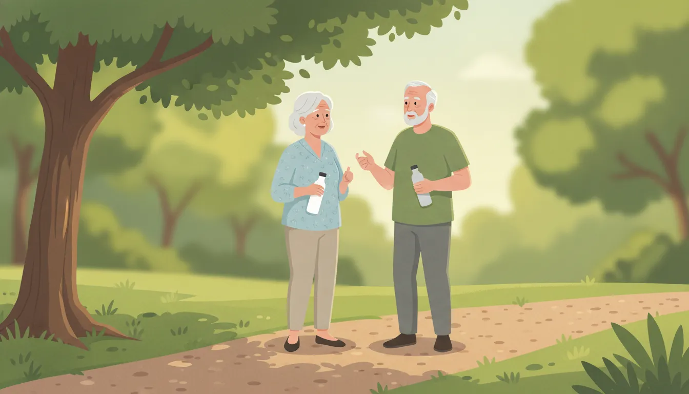 Older couple carrying water bottles during a shaded walk to help prevent dehydration