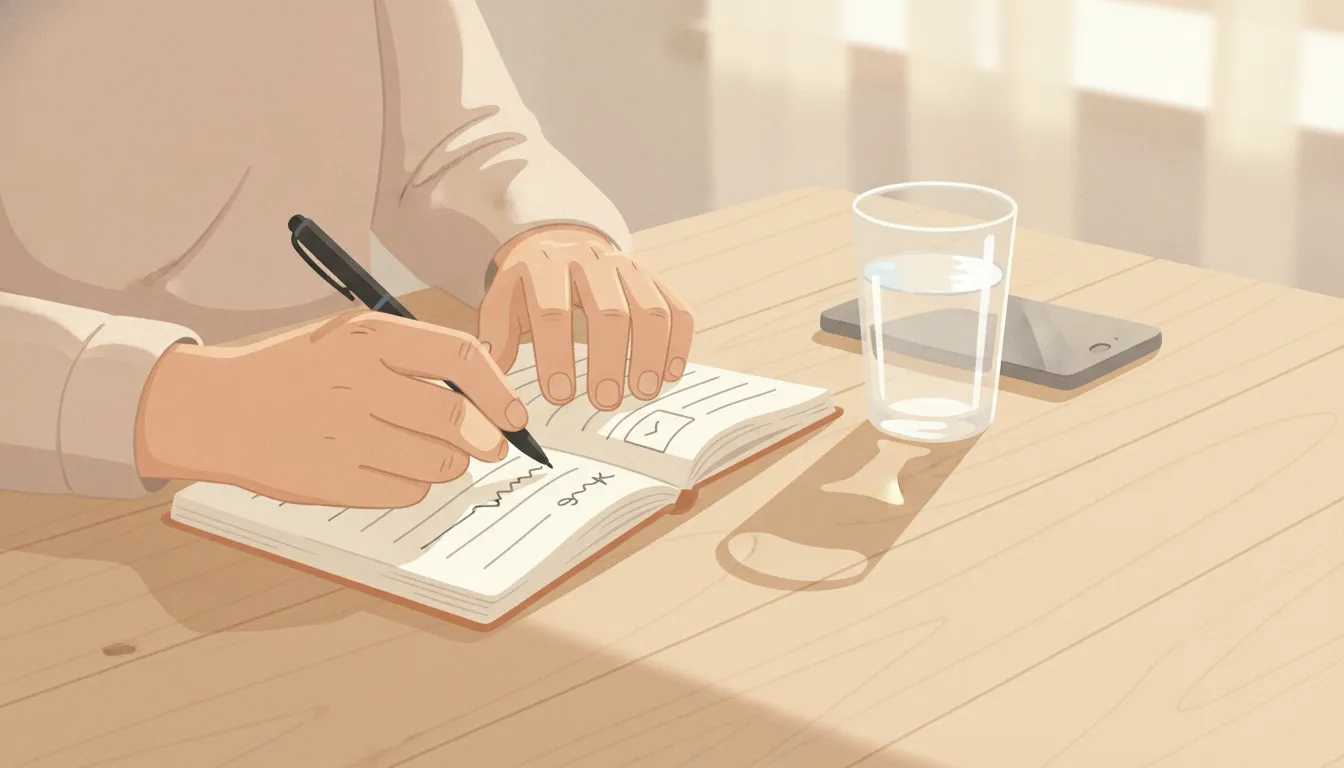 Older adult recording the time and symptoms of a heart palpitation episode