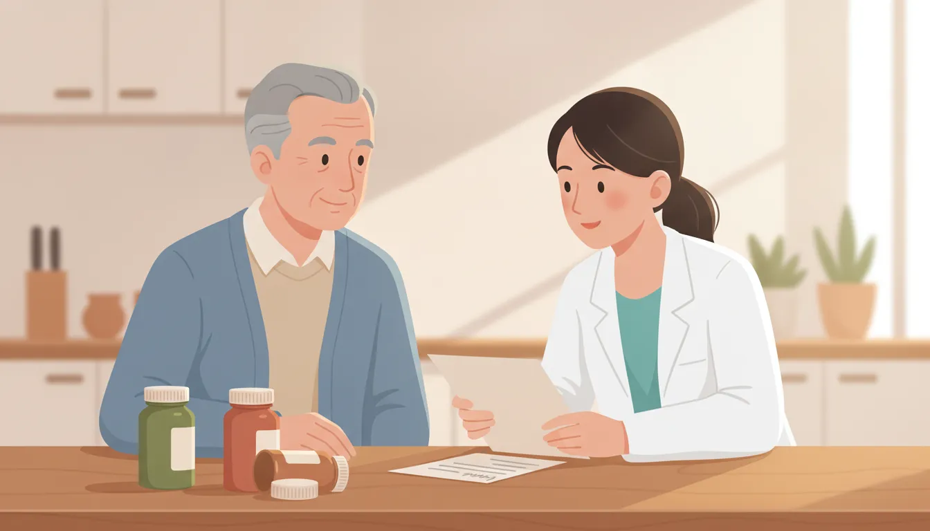 Older adult reviewing supplement labels and medication list with a pharmacist