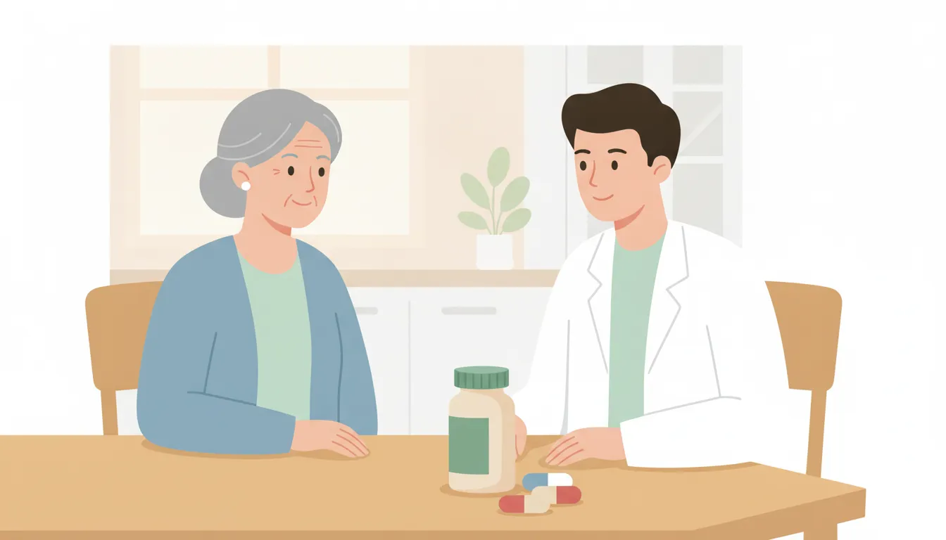 Older woman discussing digestive symptoms with a pharmacist at a kitchen table
