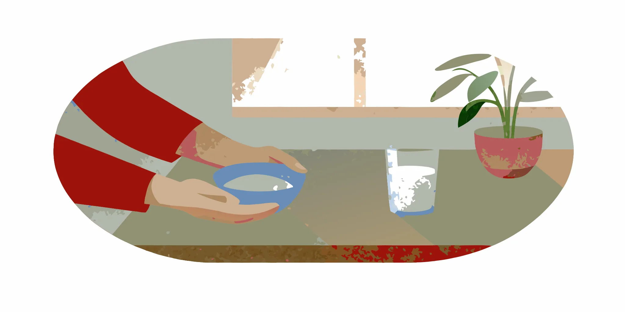 Older woman holding a bowl of collagen powder beside a glass of water on a kitchen counter, natural morning light