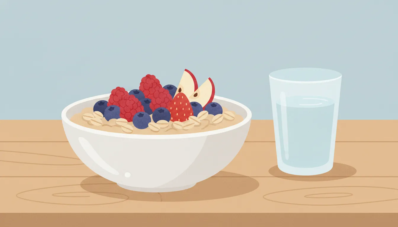 Bowl of oats with berries and apple slices beside a glass of water