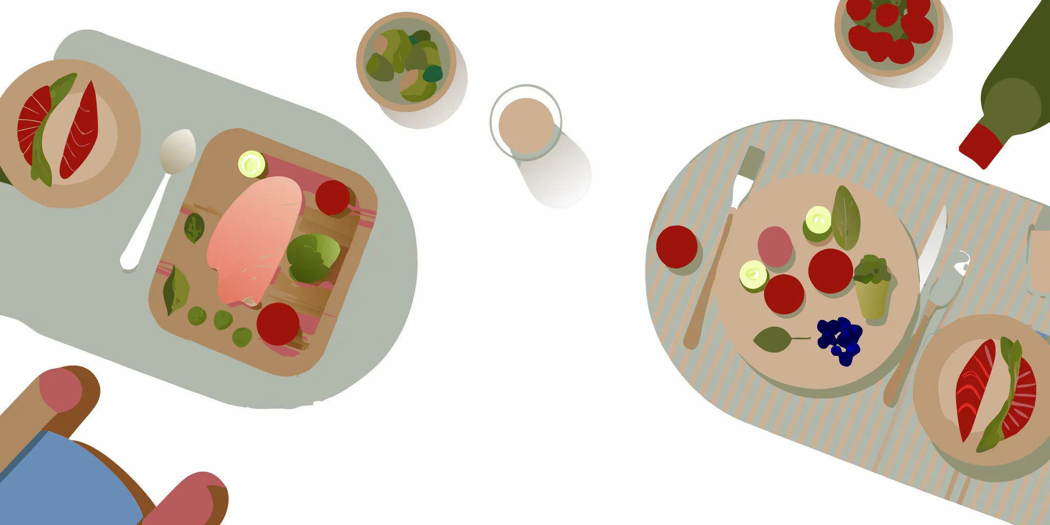 A colorful Mediterranean plate with salmon, leafy greens, berries, and walnuts, foods shown to support lower inflammation after 60
