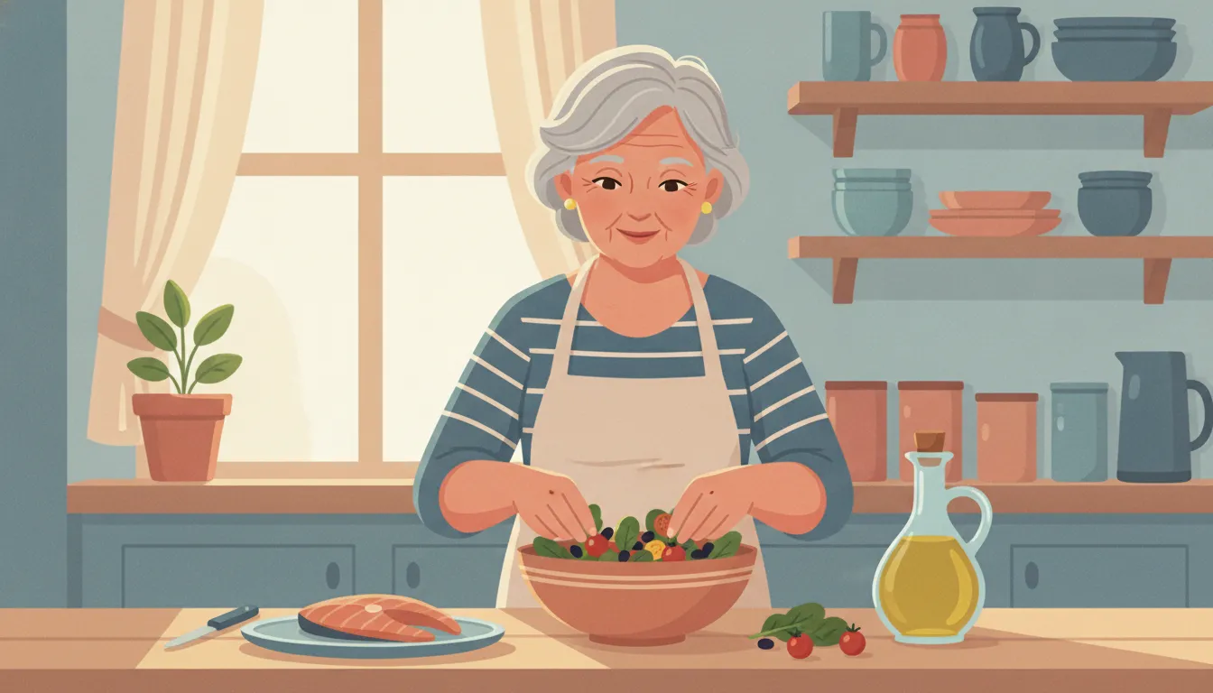 Older woman preparing a meal with fish, leafy greens, beans, and olive oil