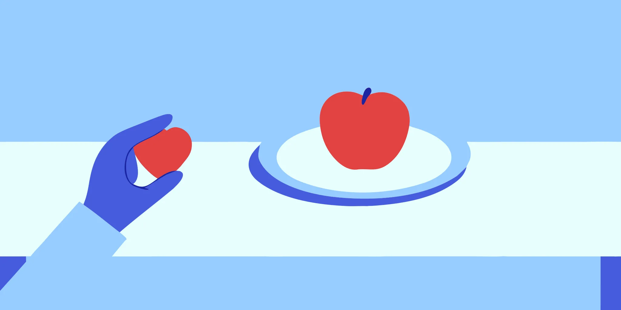 Senior woman's hands holding a red apple and a small heart-shaped object on a wooden kitchen table, heart health awareness theme