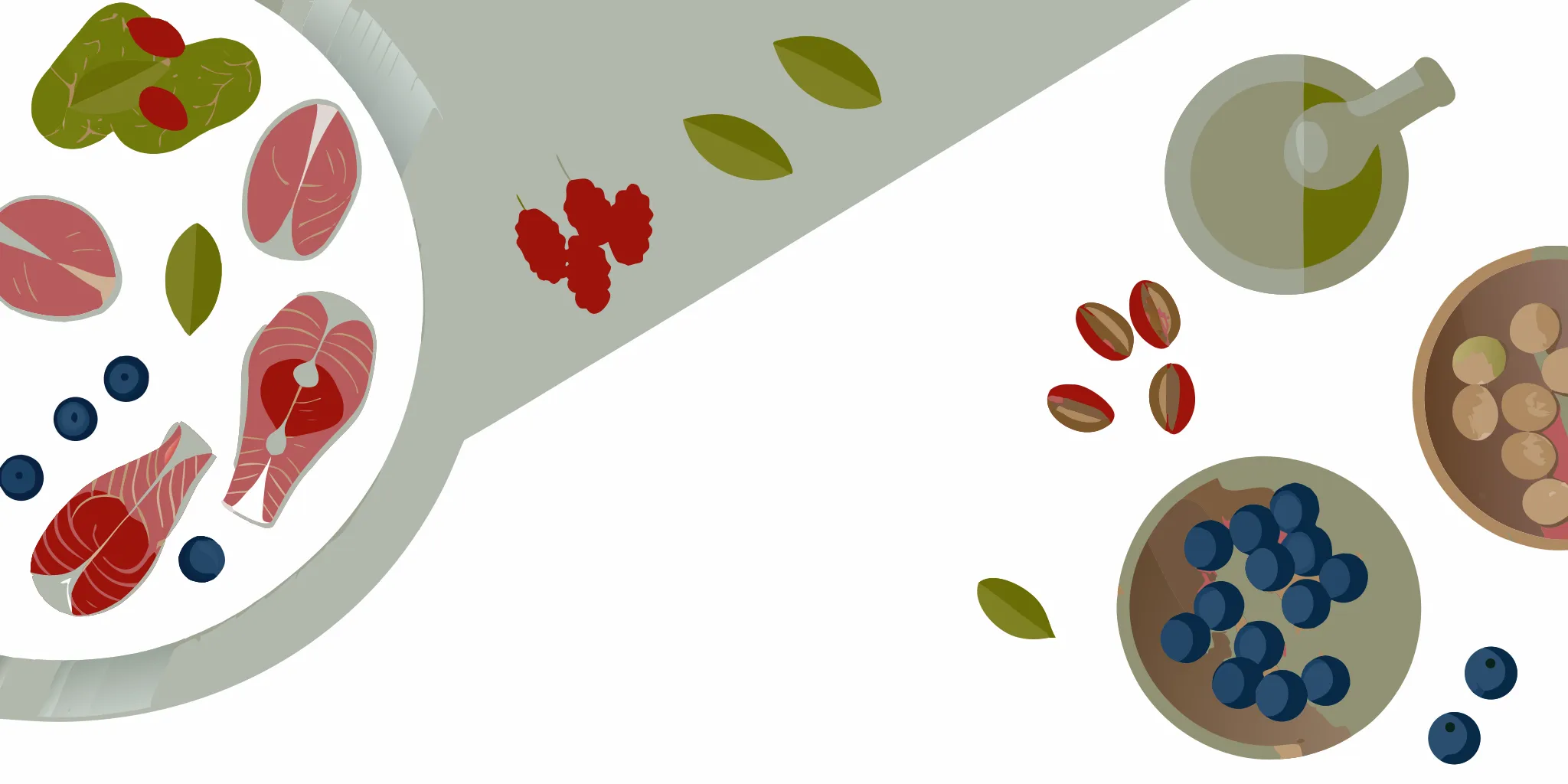 Heart-healthy foods: salmon, leafy greens, berries, nuts, and olive oil arranged on a wooden table