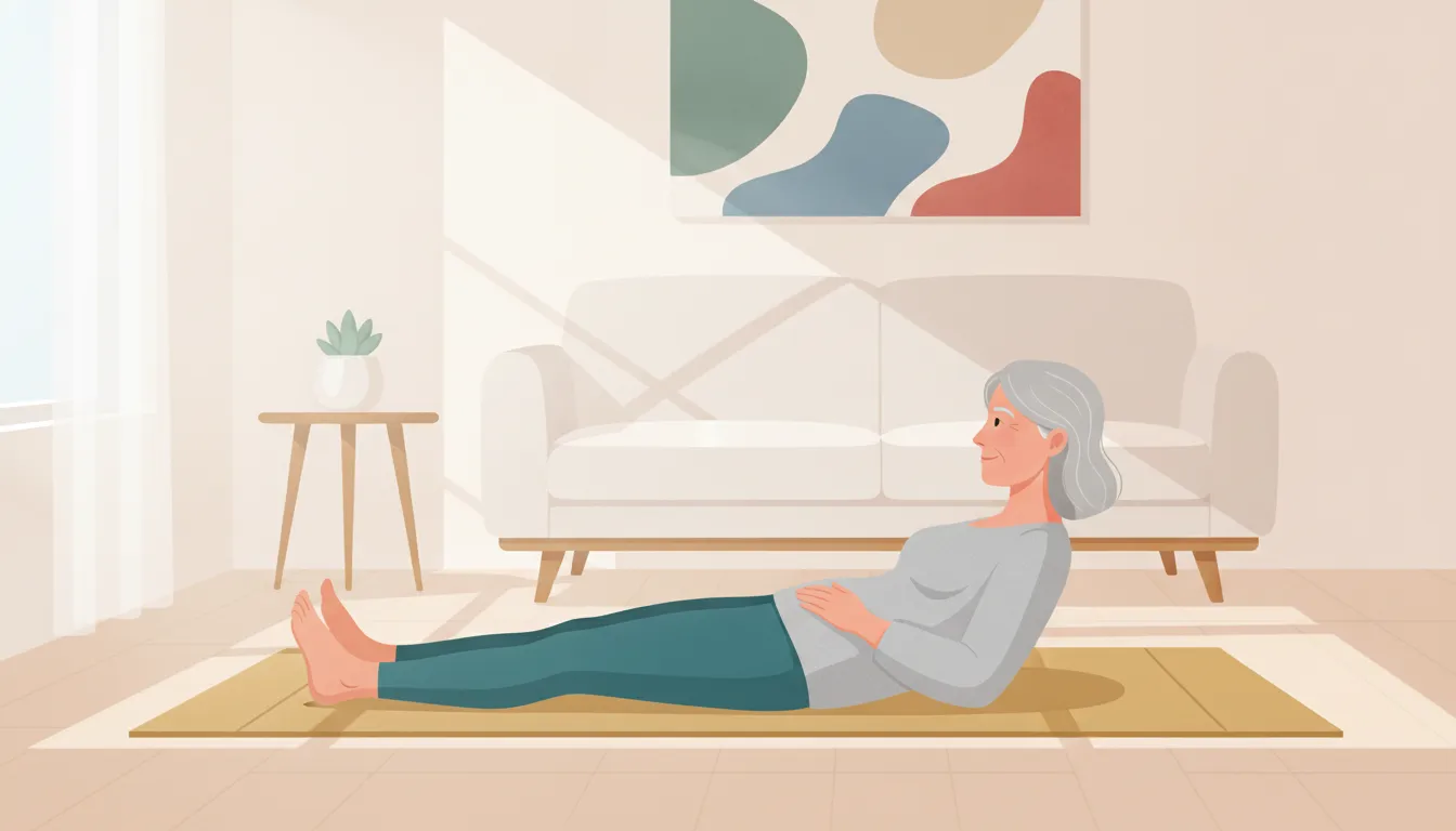 A woman in her sixties doing gentle pelvic floor strengthening exercises on a mat at home to support bladder control