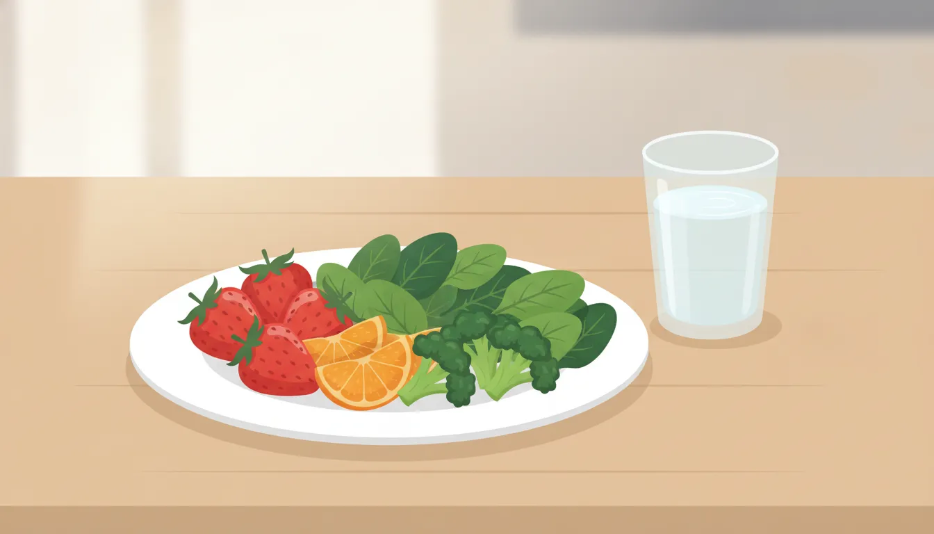 A plate of oranges, strawberries, broccoli, and leafy greens with a glass of water, supporting bladder-friendly vitamin C intake