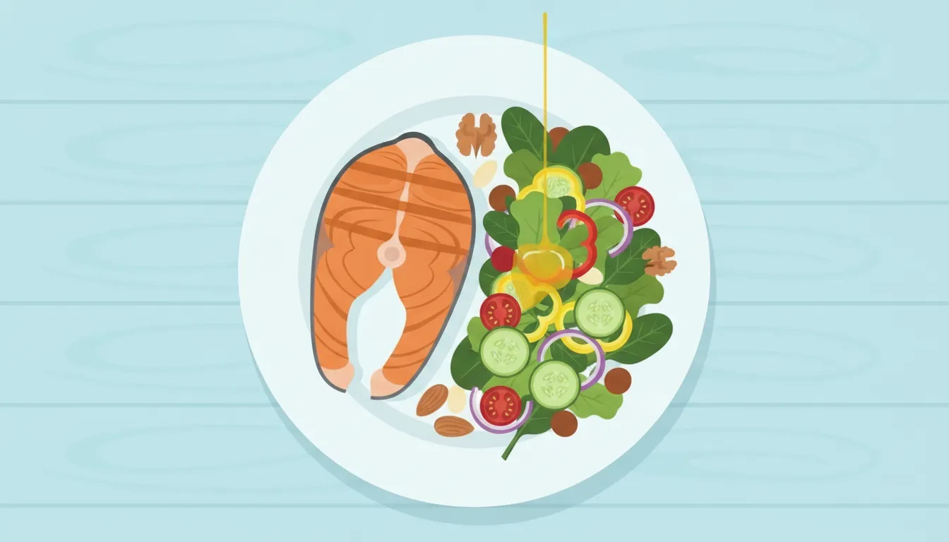 Balanced Mediterranean-style meal with salmon and vegetables for brain-nourishing nutrition