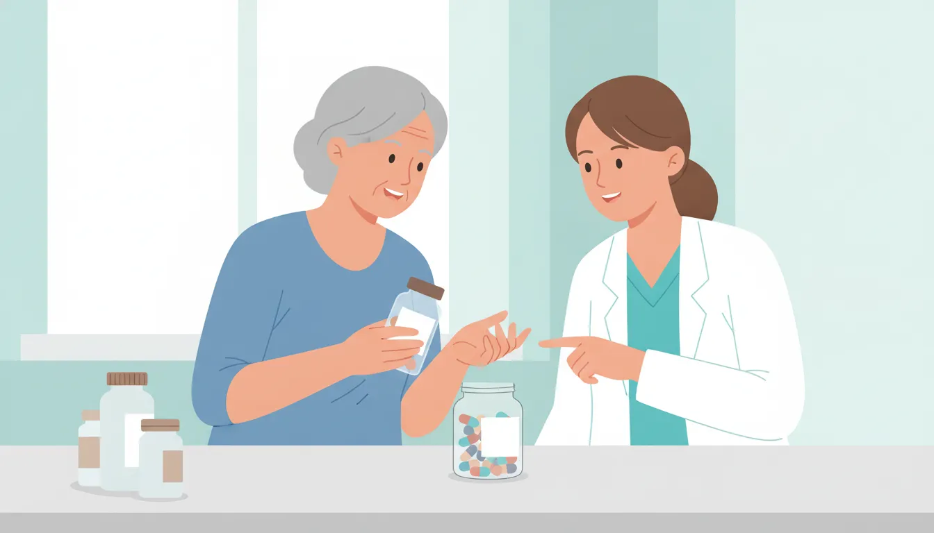 Mature woman discussing supplement ingredients with a healthcare professional