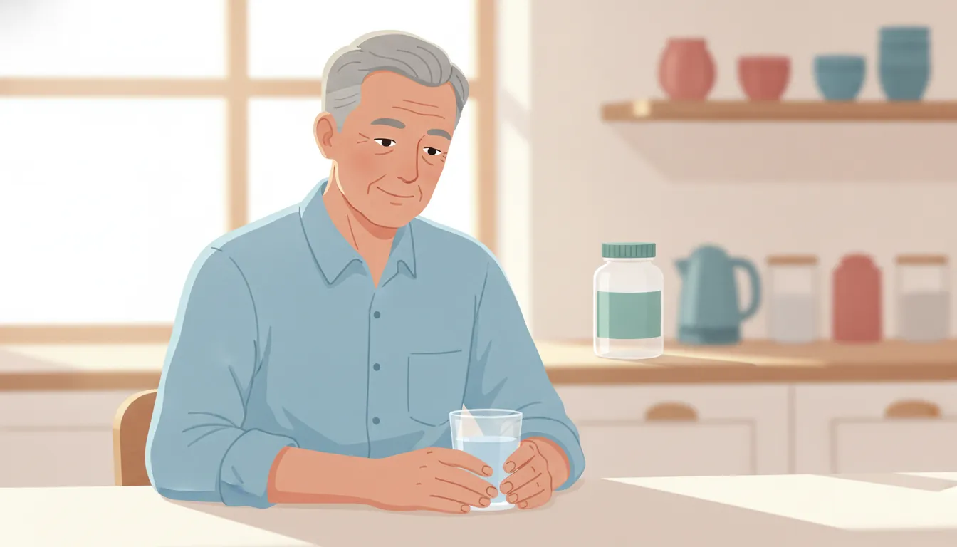 Older man at ease by a bright kitchen counter with a glass of water