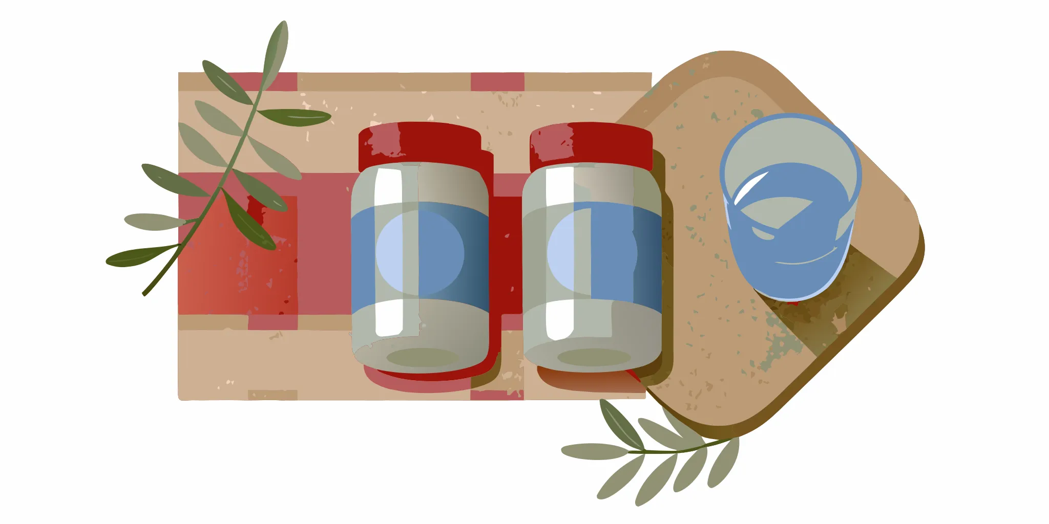 Quality collagen supplement jars with a glass of water on a clean linen surface
