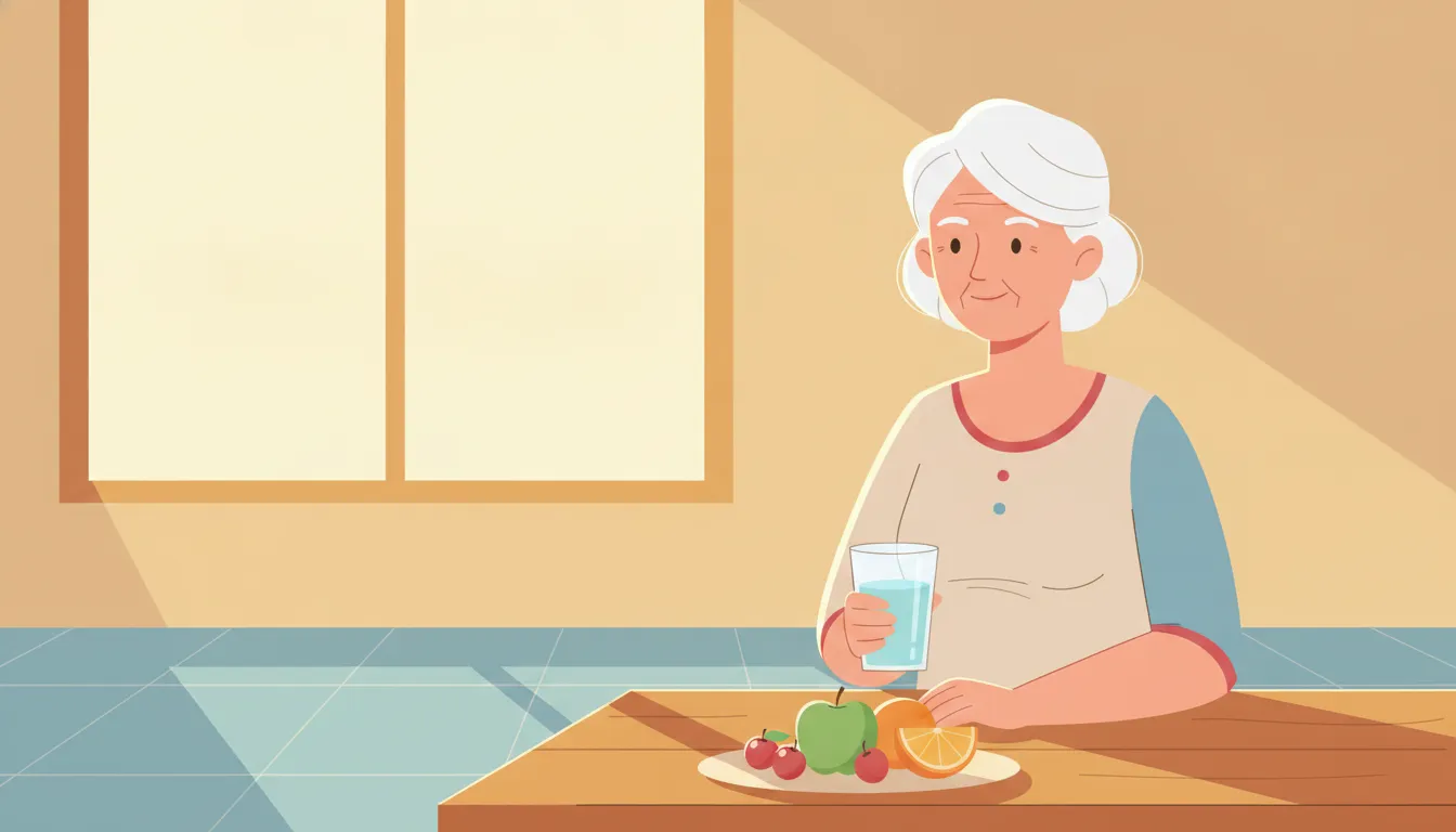 Older woman building a healthy skin-support routine with hydration and nourishing foods