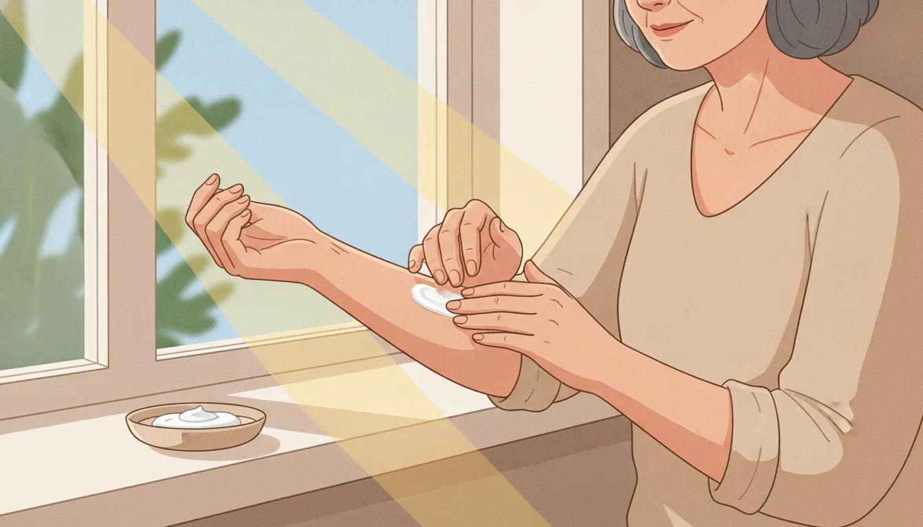 Mature woman applying moisturizer to her forearm beside a sunny window