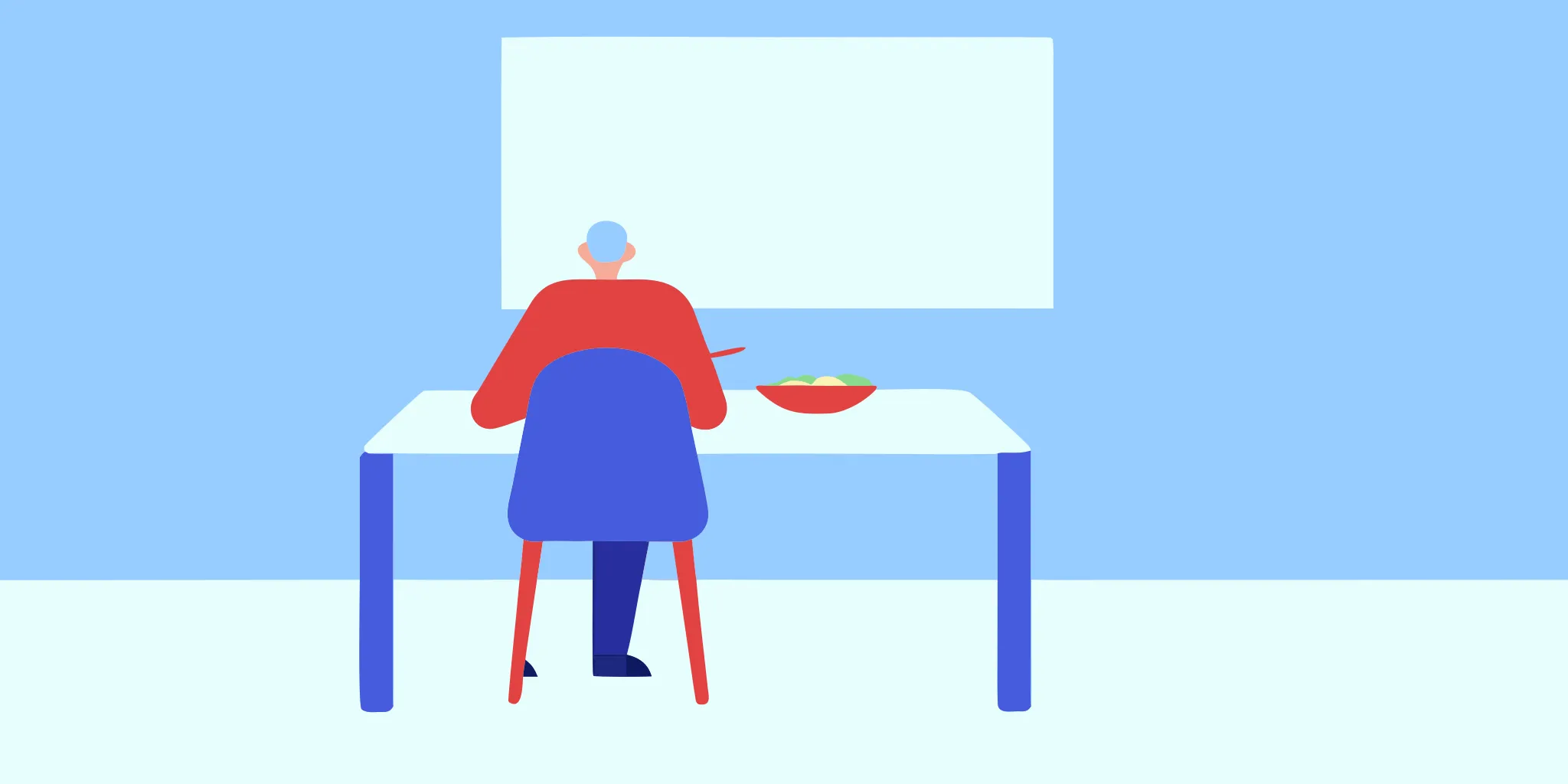 Older man relaxed and comfortable at a bright dining table after a light meal