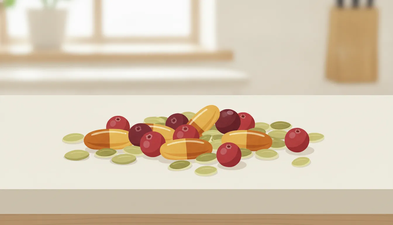 Pumpkin seeds, cranberries, and vitamin D capsules on a kitchen surface