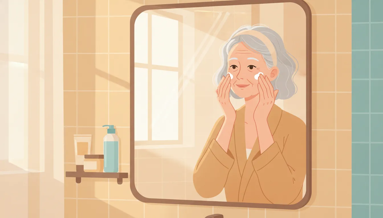 Woman in her sixties applying moisturizer to her face and neck in soft morning light