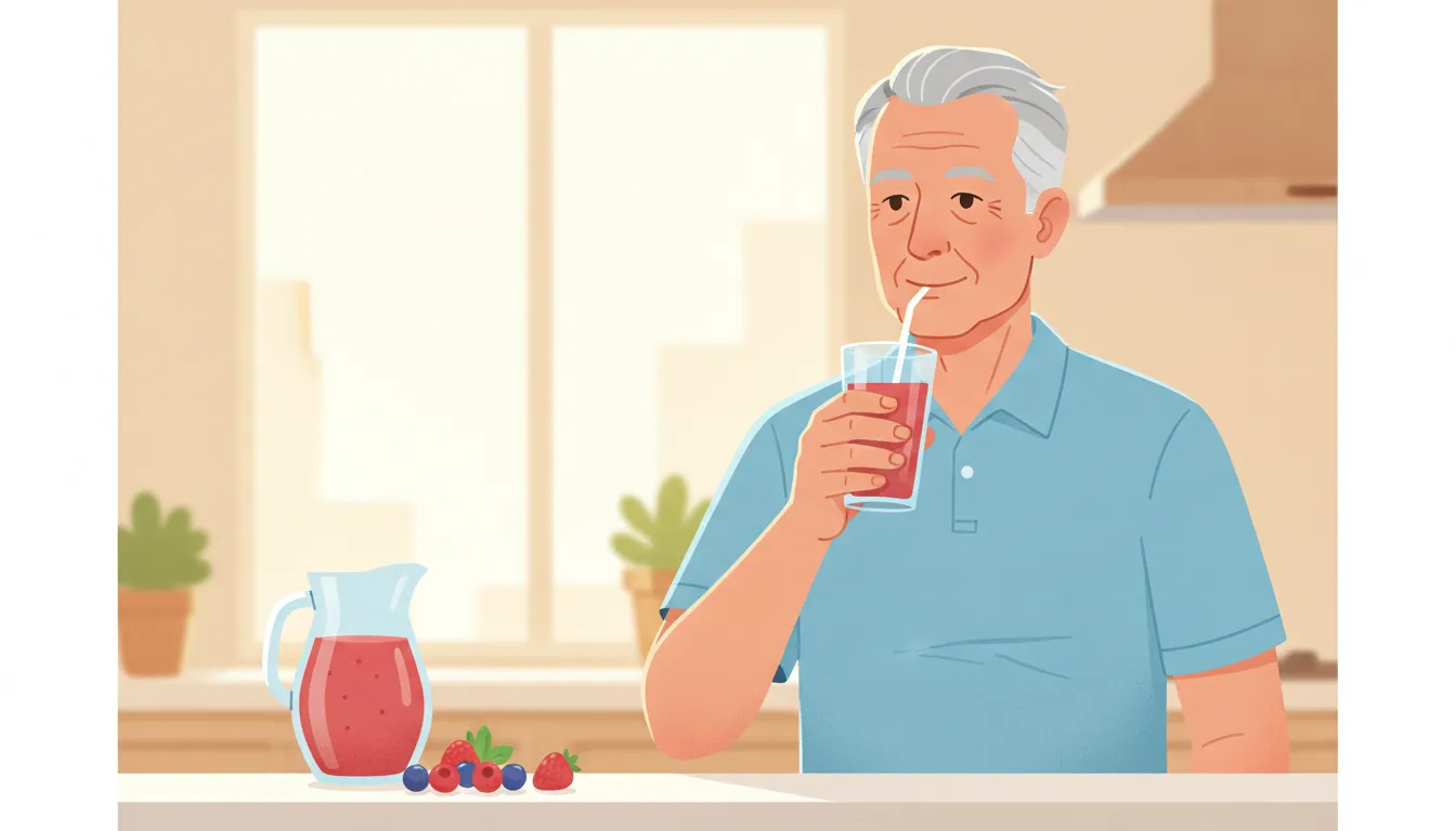 Mature man drinking a fruit smoothie in a bright kitchen as part of his daily supplement routine