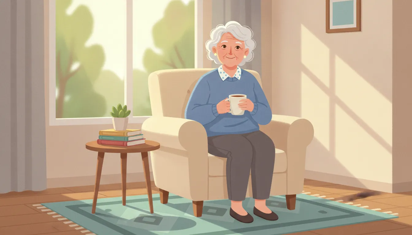 A cheerful older woman holding a mug of tea by a bright window at home