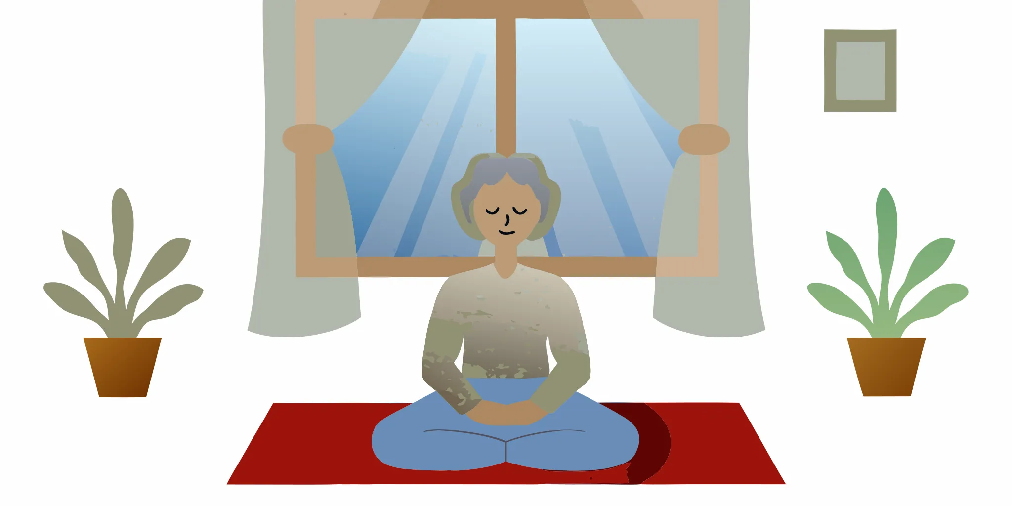 Older woman practicing a calm breathing exercise as part of an overactive bladder care routine