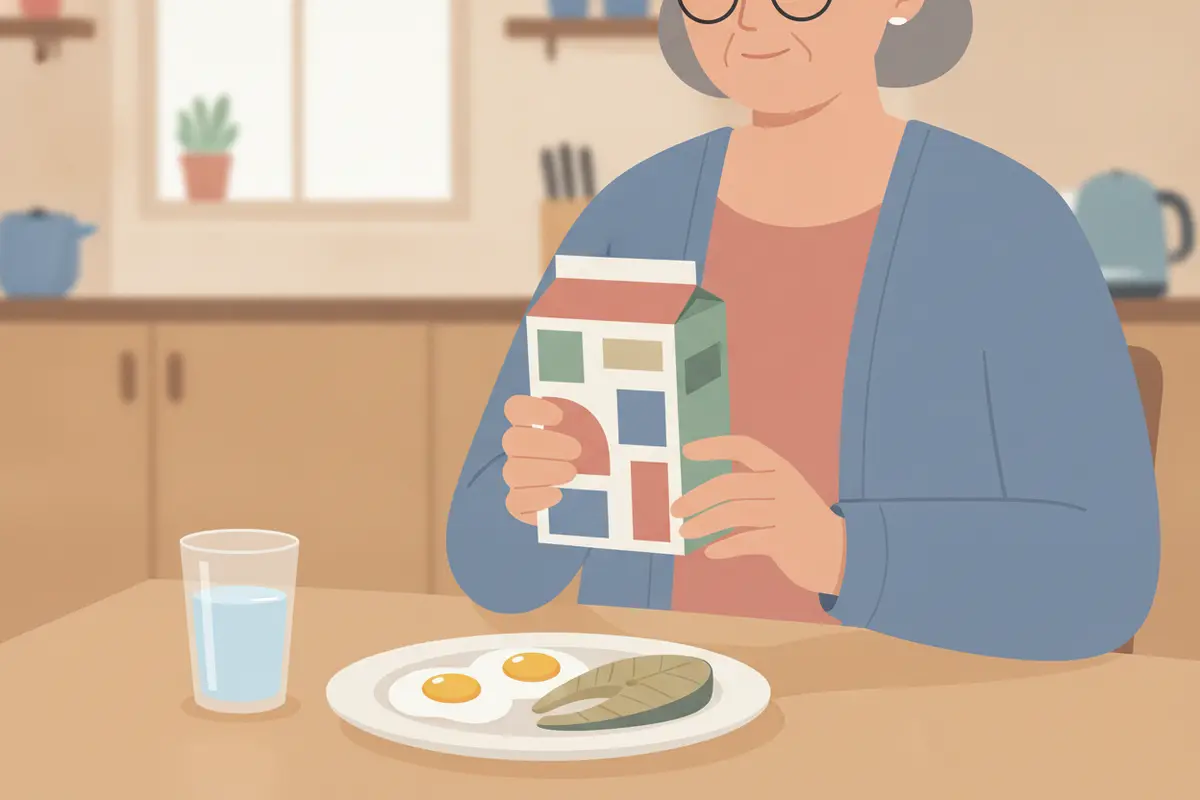 Older woman checking B12 sources on a food label at her kitchen table