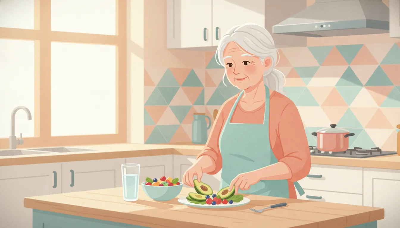 Older woman preparing a healthy meal and water as part of a skin support routine