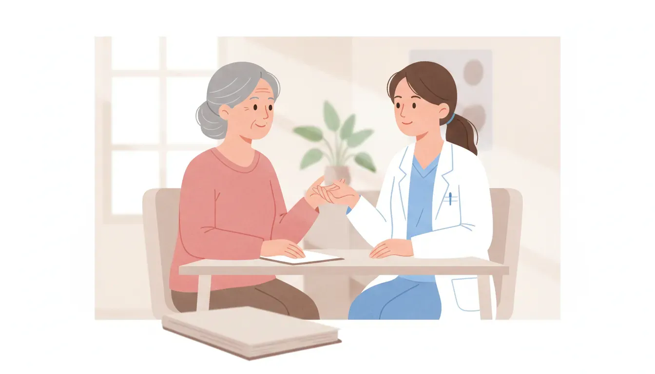 Older woman discussing recurring stomach symptoms with a healthcare professional