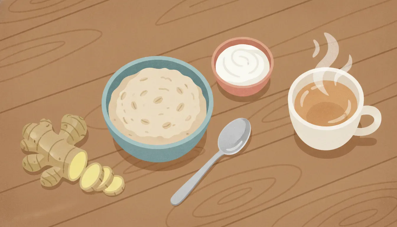 Ginger, oatmeal, yogurt, and herbal tea arranged as gentle digestive food choices