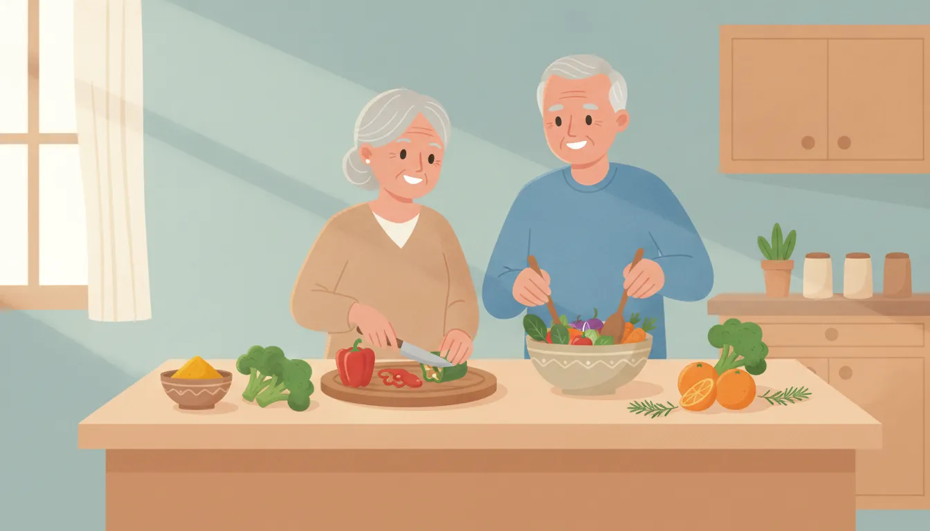 Older couple preparing a healthy meal with turmeric as part of a brain-healthy routine
