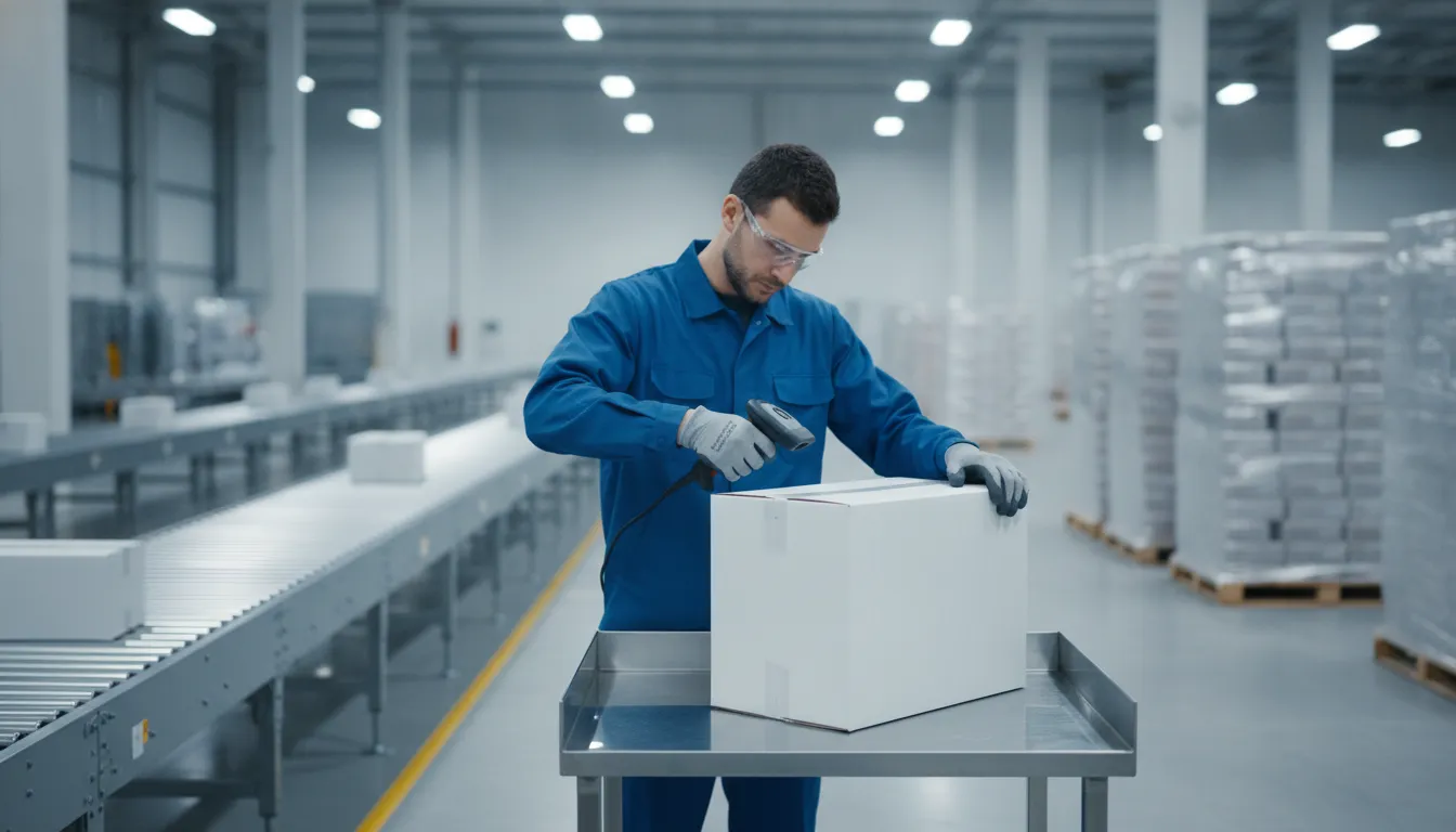 Pharmaceutical warehouse operator scanning a carton during 3PL integration