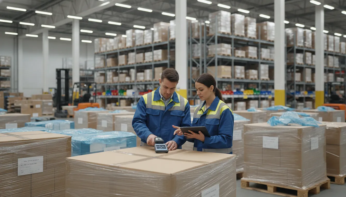 Pharmaceutical warehouse receiving team checking serialized product movement