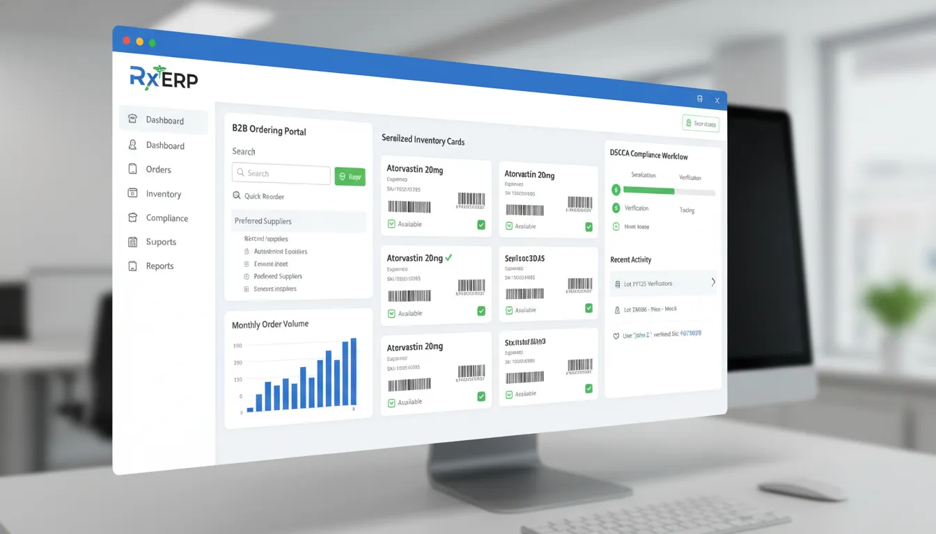 Pharmaceutical ecommerce software portal connected to DSCSA and serialized inventory workflows