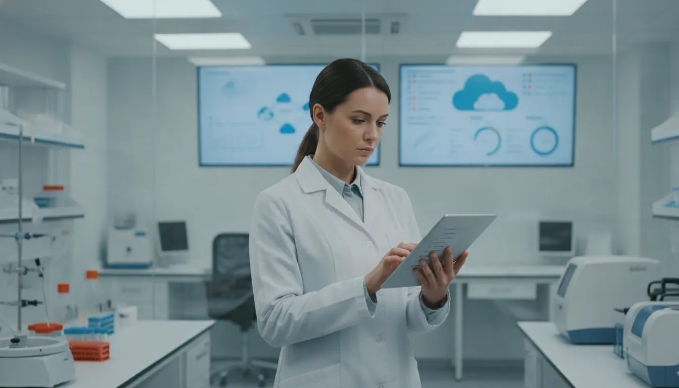 Pharmaceutical compliance professional reviewing cloud ERP validation documentation and qualification test results on a tablet