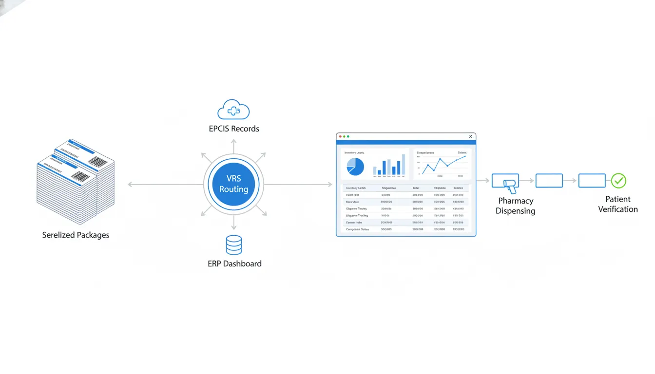 VRS DSCSA request flow connecting serialized product verification with ERP records