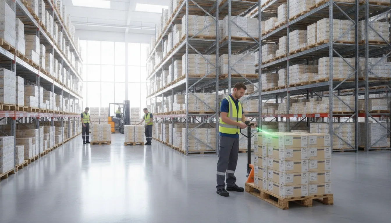 Warehouse staff scanning serialized pharmaceutical crates to keep inventory records accurate