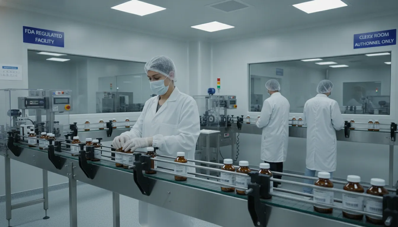 Pharmaceutical repackaging clean room workers handling medication bottles on a production line