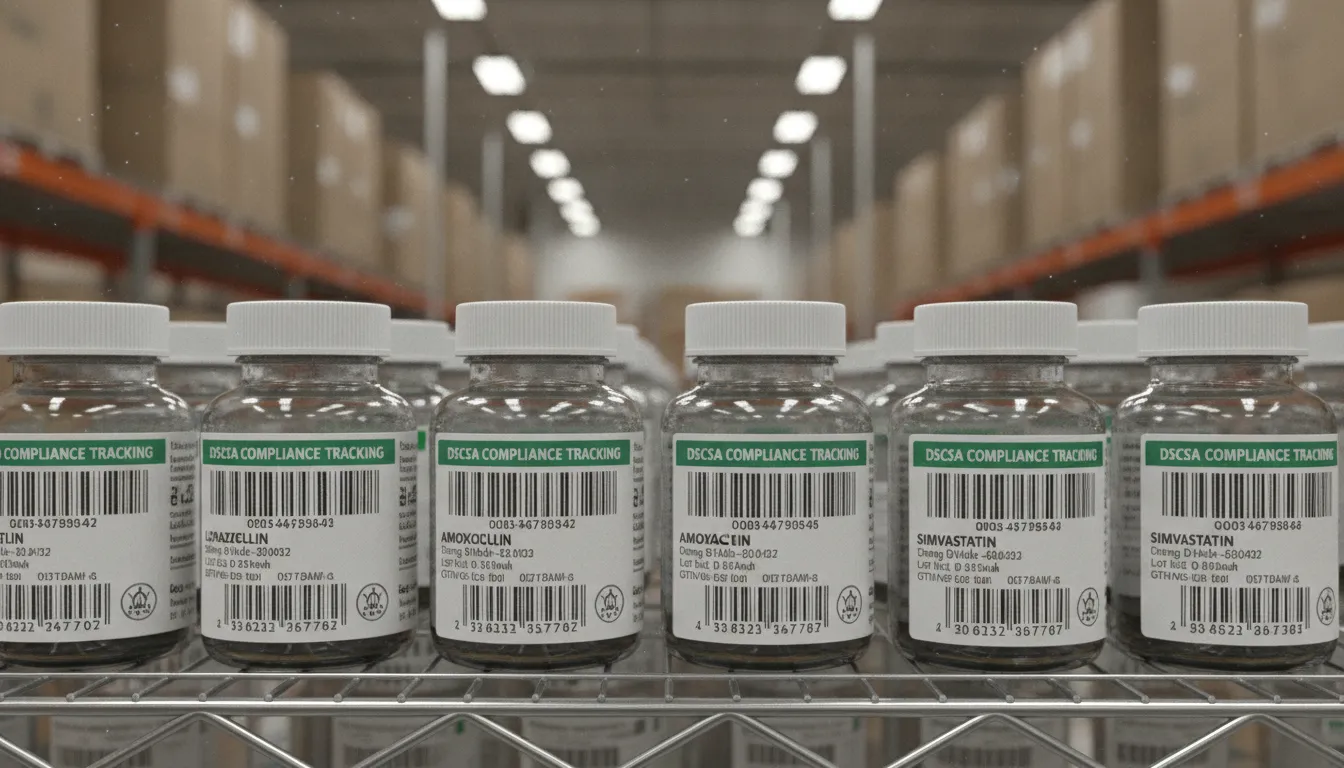 Pharmaceutical labels with DSCSA serialization barcodes and lot numbers on medication bottles