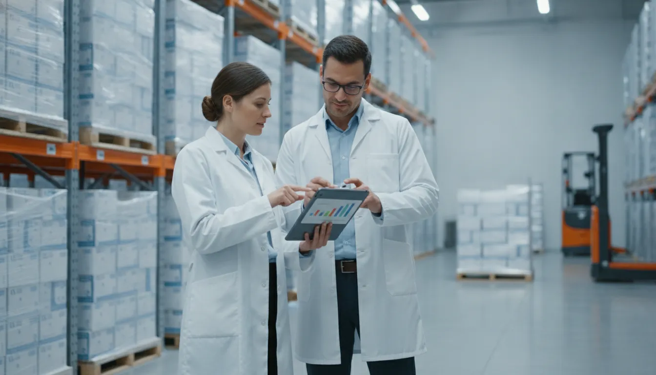 Supply chain managers reviewing serialized inventory across locations for pharmaceutical distribution